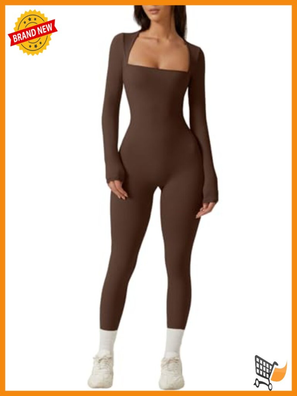 QINSEN Square Neck Long Sleeve Bodycon Stretch Jumpsuit Leggings